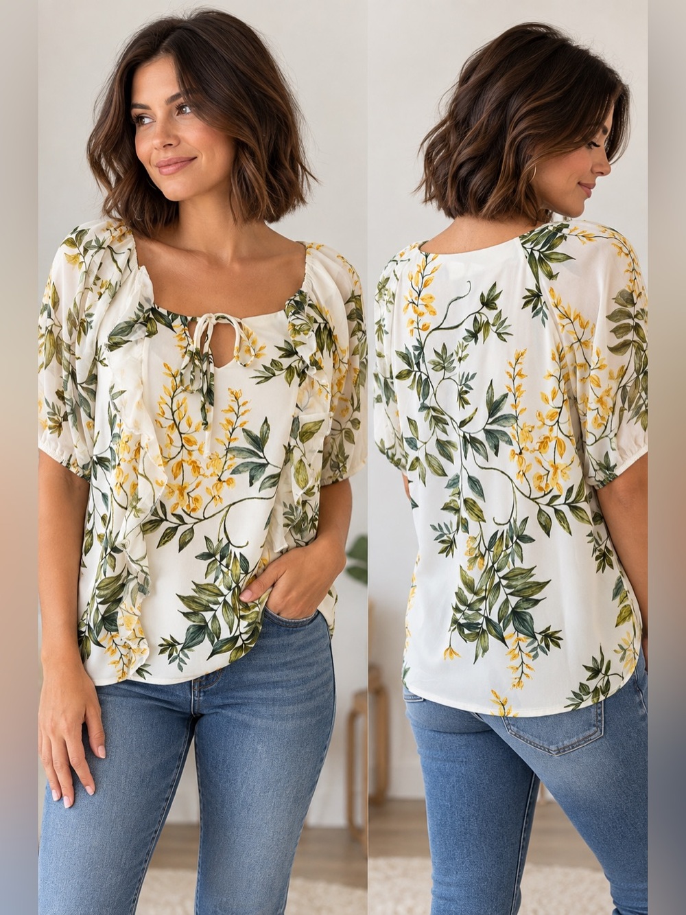 Perseption Concept Floral Ruffle Blouse Size L NWT Cottagecore Boho